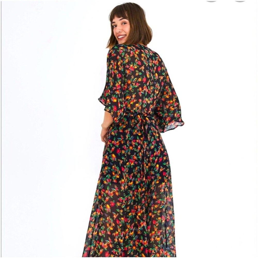 Farm Rio Anthropologie Black Multicolor Floral Cashew Print Wrap Maxi Dress XS - Picture 2 of 8